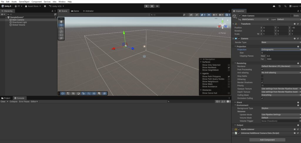 In the Inspector, change the Projection from Perspective to Orthographic